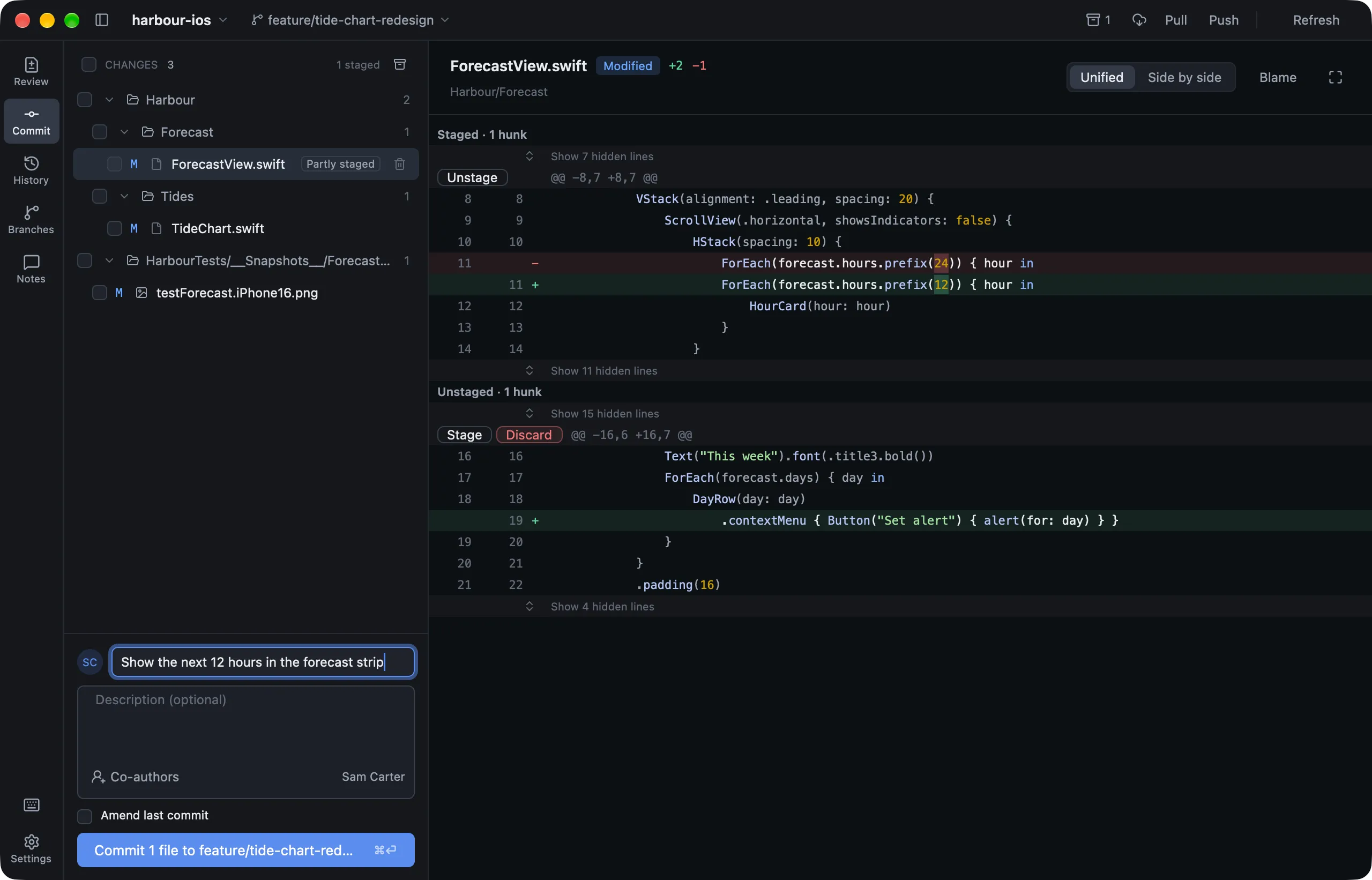 The Commit page with one hunk staged