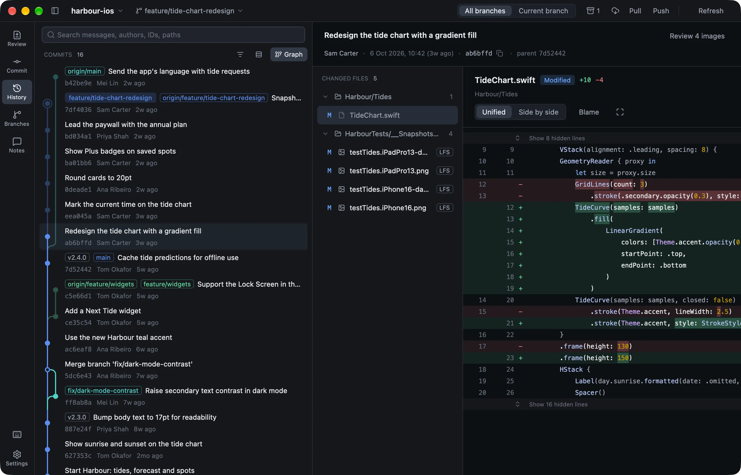 The History page: graph, files and a diff