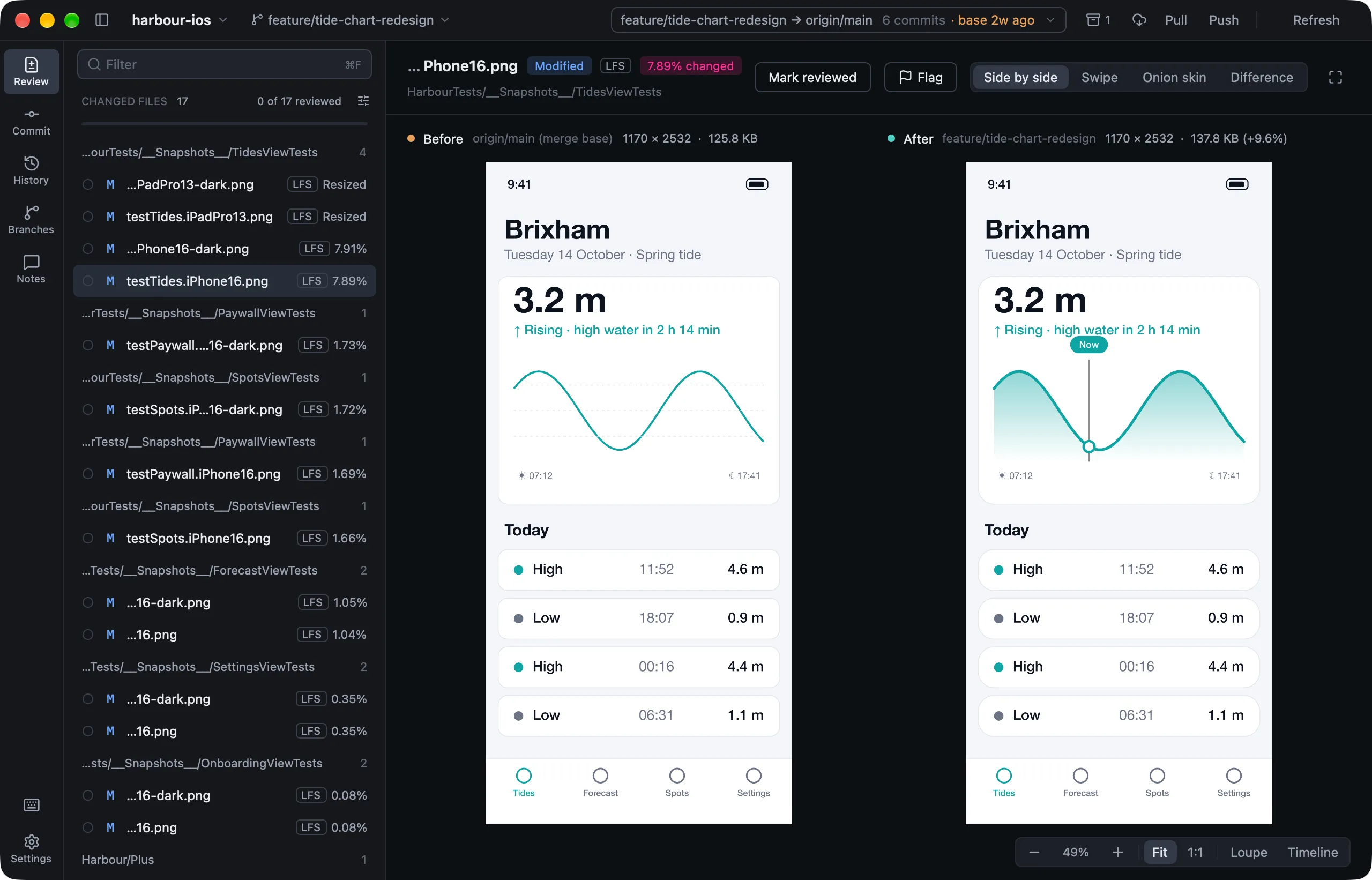 The Review page comparing a snapshot image side by side